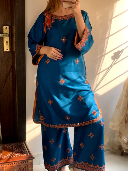 BALOCHI Style Embroidered Shirt with Emb Plazo (Summer Linen)