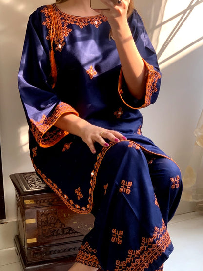 BALOCHI Style Embroidered Shirt with Emb Plazo (Summer Linen)