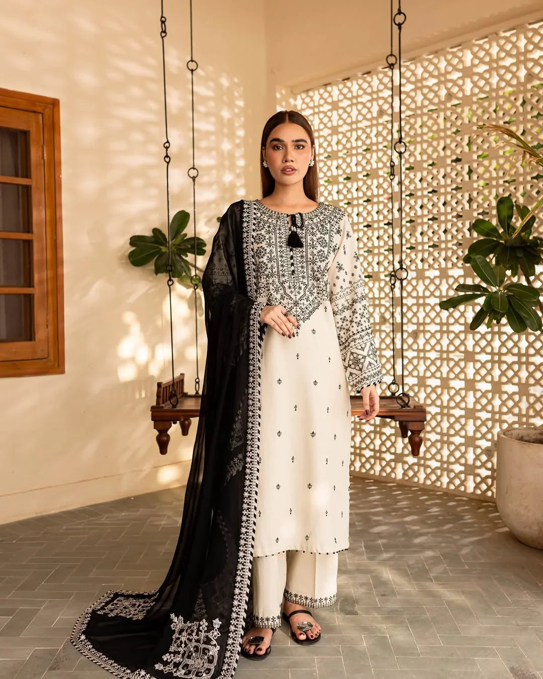 # 3 pc ARFA Embroidered Co Ords with Chiffon dupatta