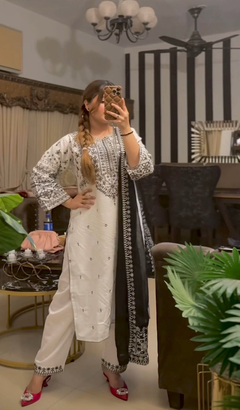 # 3 pc ARFA Embroidered Co Ords with Chiffon dupatta