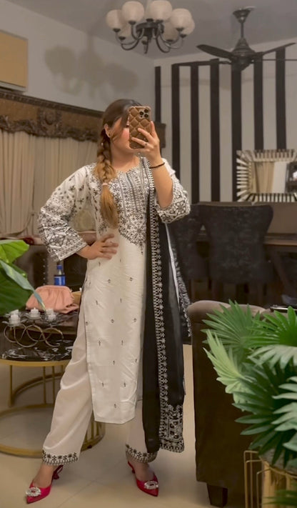 # 3 pc ARFA Embroidered Co Ords with Chiffon dupatta