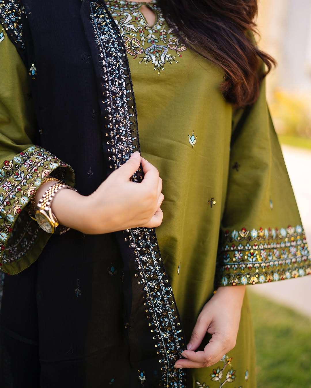3 pc EZZAH Embroidered Co Ords with chiffon dupatta
