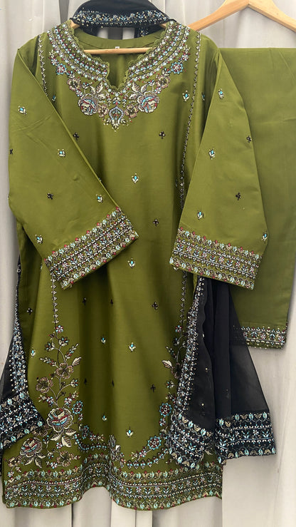 3 pc EZZAH Embroidered Co Ords with chiffon dupatta